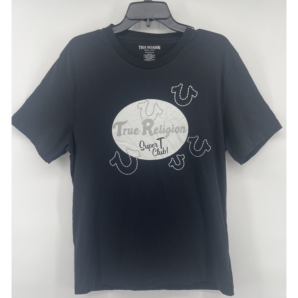 True Religion T-Shirt Mens Lg Black Super T Club Graphic Horseshoe Hip Hop Y2K